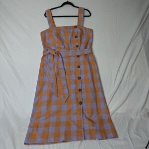 Ann Taylor Gingham Button Square Neck Dress In Light Poppy Orange, size 12